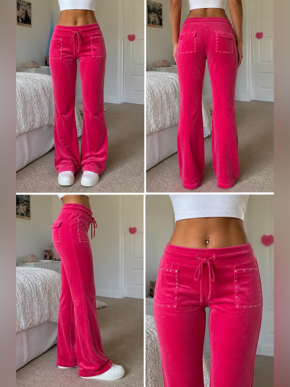 Hot Pink Velour Drawstring Flared Pants